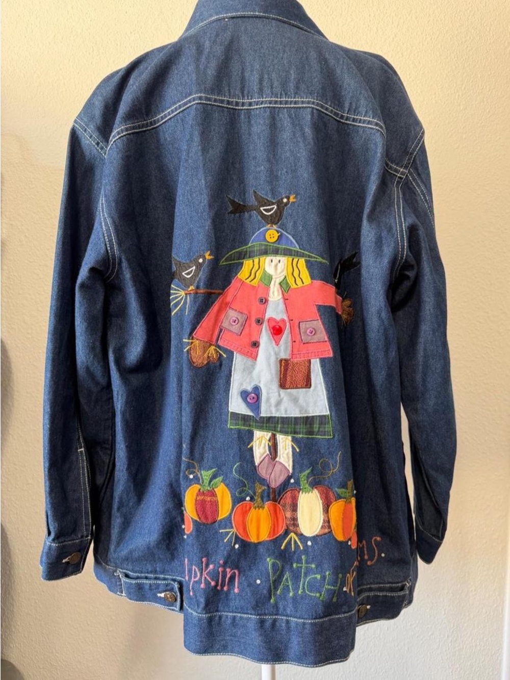 Vintage Denim Pumpkin Patch Jacket - Multi-Color Embroidered Back